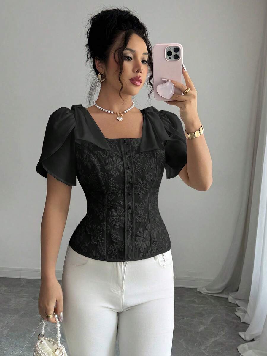 Elenzga Women's Elegant Jacquard Tie Sleeve Blouse,Square Neck Puff Sleeve Lace Corset Top,Sweetheart Puff Sleeve Jacquard Corset Blouse,Pearl Buttons,Lace / Jacquard,Corset Top - Black - View 1