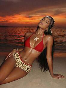 Vaytide Summer Beach Drawstring Halter Triangle Bikini Top - Red - View 3