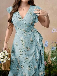 Roveilla Đầm dệt họa tiết hoa nhí tay bồng, eo dáng xòe. - Màu xanh lam - Xem 1