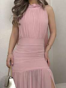 Jemour Women's Elegant Solid Color Backless Pleated Slit Dress, Summer - Pink - View 5
