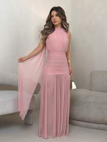 Jemour Women's Elegant Solid Color Backless Pleated Slit Dress, Summer - Pink - View 6