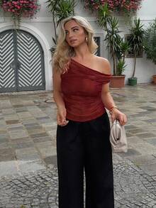 Jeta Ari Women's Asymmetrical Shoulder Tie Dye Print Ruched Asymmetric Neck T-Shirt , Asymmetric Shoulder Top, Spring/Summer , Beach, Commute, Elegant, Sexy, Vacation, Beach, Boho, Hawaii, Music Festival, Romantic, Date - Burgundy - View 5