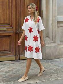 Hansera Đầm ngắn tay cổ chữ V in họa tiết mới dành cho nữ - trắng - Xem 3