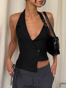Aloruh 纽扣前开襟露背吊带马甲西装外套商务女装上衣商务休闲女装 - 黑色 - 查看 1