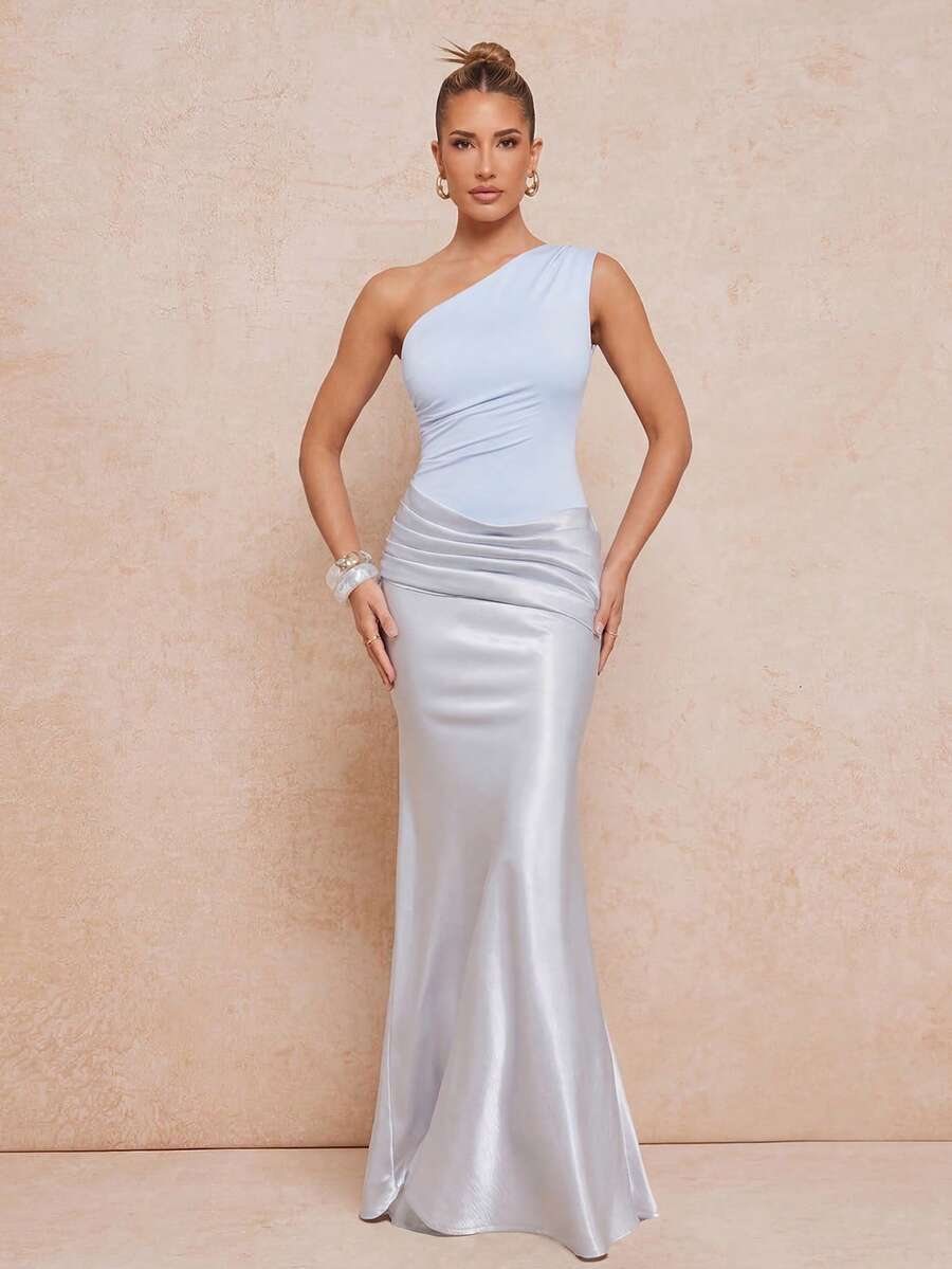 Lumalex 女士优雅奢华性感无袖褶皱收腰修身连衣裙，不对称领口，浅蓝色，春夏款