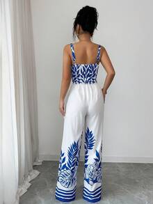 Elenzga Sleeveless Printed Top & Blue-White Placement Print 2 Pieces Set, Elegant Vacation Casual - Multicolor - View 2