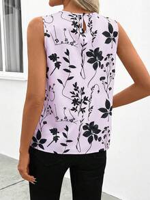 SHEIN Clasi Women's Round Neck Pleated Sleeveless Fitted Khaki Black Botanical Print Blouse, Elegant For Daily Wear, Spring/Summer,Summer Top - Mauve Purple - View 2