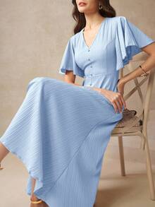 Amorya Đầm nữ tay cánh bướm cài cúc phía trước xẻ tà - Màu xanh bụi bặm - Xem 6