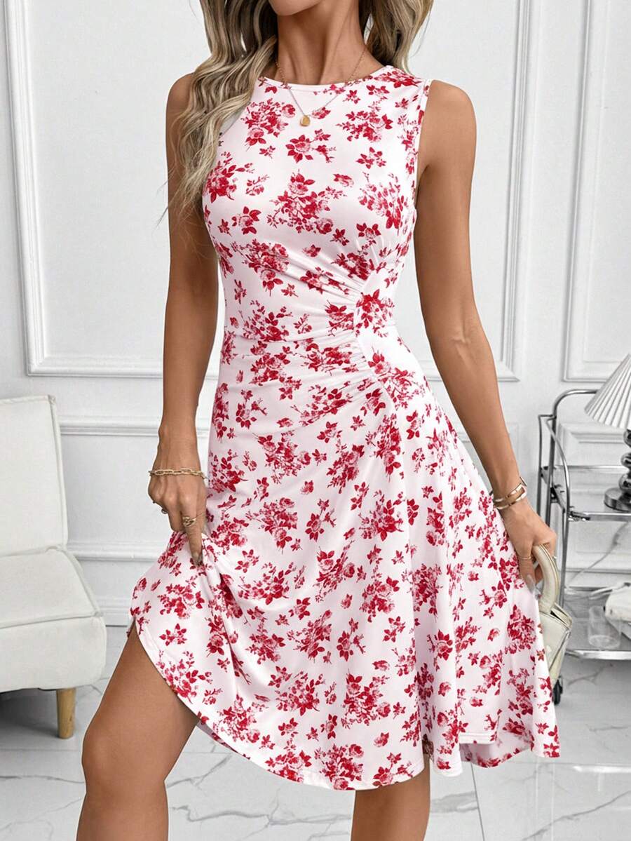 SHEIN Clasi Women's Floral Print Ruched Waist Elegant Midi Dress, Suitable For Dates And Parties,Red Dress - Red - View 1