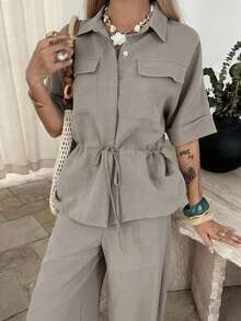 Strévra Women's Fitted Cinched Waist Jacket And Loose Pants Commuting Elegant Suit Set - Grey - View 2