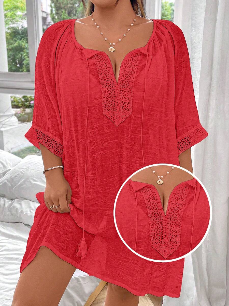 Swim Lushoire Vestido de playa holgado y cómodo con cordón para mujer de talla grande y unicolor - Rojo - Ver 1