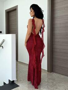 Vassilux Women's Elegant Romantic 3D Floral Decor Valentine's Day / Vacation Sleeveless Dress With See-Through Lace Patchwork And Ruffle Hem Party - Burgundy - View 5