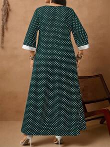 Rosumi 大码女式休闲度假圆领七分袖波点、格子和条纹拼接连衣裙，秋季 - 水鴨藍 - 查看 7