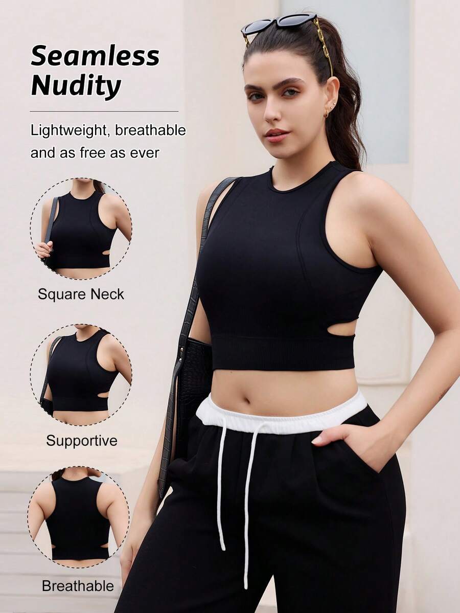 Easithlete Áo thun thể thao nữ không đường may, đồ tập thể dục nữ, bộ đồ tập gym nữ có áo ngực tích hợp, áo thể thao nữ, bộ đồ tập luyện nữ, quần áo tập luyện cho nữ. - màu đen - Xem 1