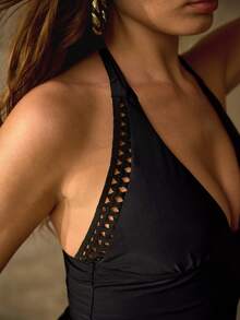 MOTF PREMIUM ELEGANT HOLLOW FLORAL TRIM HALTER NECK TIE TANKINI TOP, BLACK COLOR FOR VACATION - Red - View 2