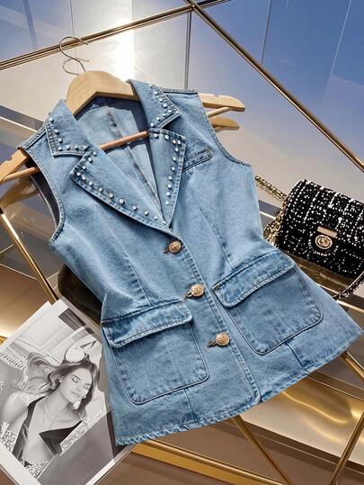 GlowEve Women's Rhinestone Decor Single-Breasted Casual Denim Vest