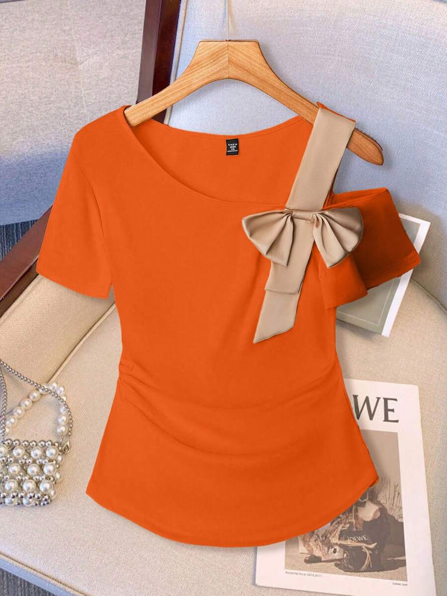 GlowEve CURVE Áo thun ngắn tay nữ cỡ lớn kiểu dáng thường ngày thắt nơ phối màu tương phản - trái cam - Xem 1