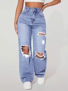 SHEIN PETITE Quần jeans nữ màu trơn, kiểu dáng tối giản, rách nhẹ, thích hợp mặc thường ngày. - Màu xanh nhạt - Xem 6