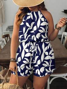 SHEIN CURVE+ Áo liền quần nữ cỡ US22, thích hợp cho lễ hội âm nhạc, kỳ nghỉ biển, phong cách bohemian, in họa tiết cây cỏ, kiểu dáng thường ngày, cổ yếm, thích hợp cho kỳ nghỉ. Áo liền quần ngắn dễ thương dành cho nữ, thích hợp cho nữ. - Màu xanh hải quân - Xem 8