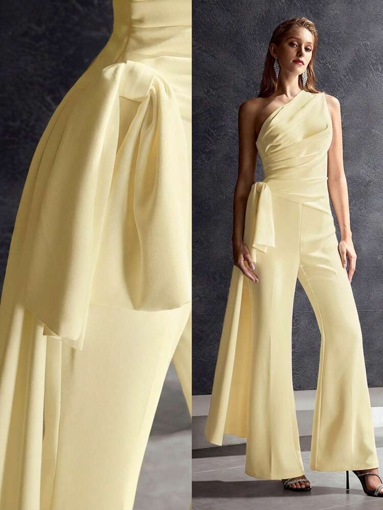 MOTF Soiréza ONE SHOULDER ELEGANT BOW TIE FLARE JUMPSUIT, SUITABLE FOR BANQUET, WEDDING, PARTY