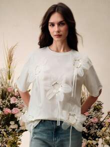 Anewsta Camiseta de cuello redondo, nueva moda primavera/verano, holgada, decorada con remaches y perlas, de algodón puro, unicolor, de manga corta - Blanco - Ver 6