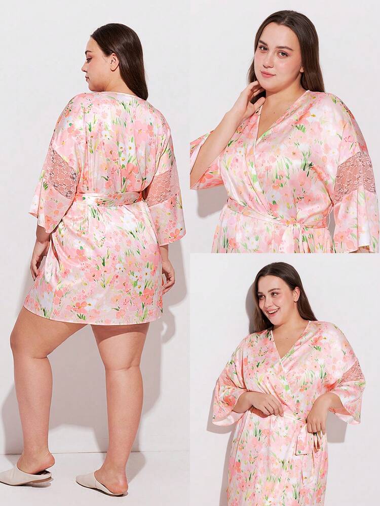 Plus Size Women's Summer Airy Floral Satin Robe