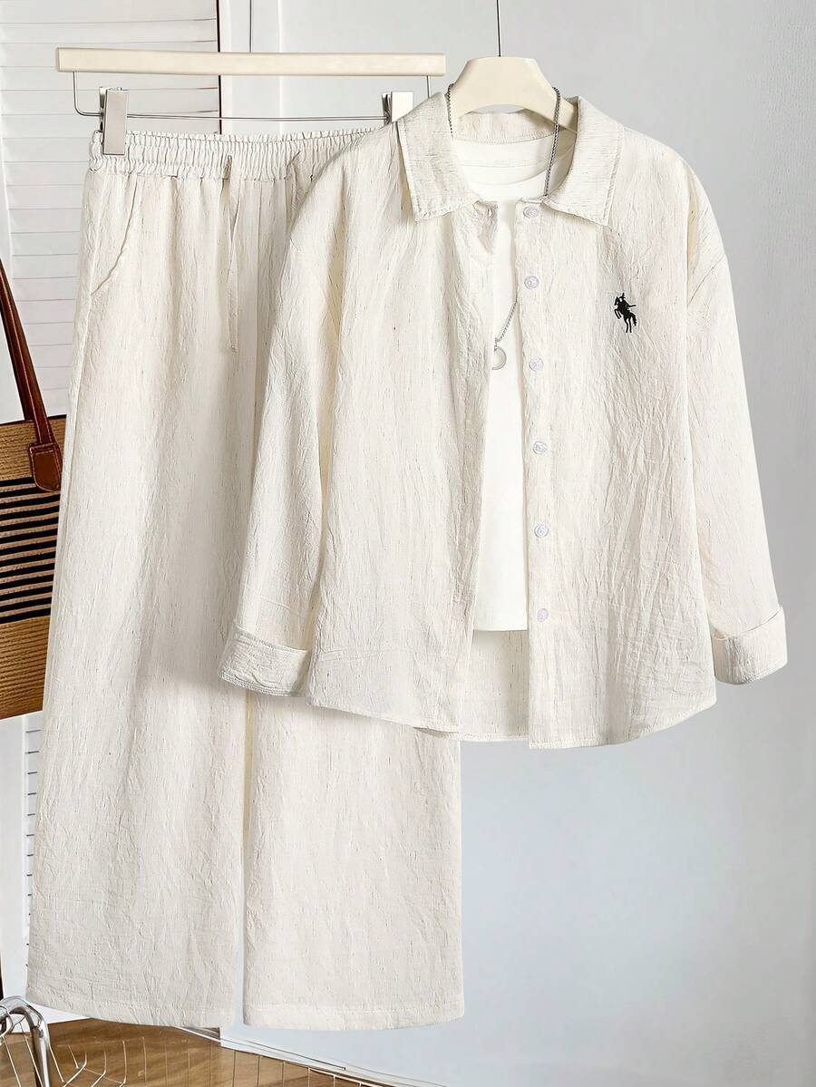 SHEIN Tween Girl Knight Pattern Long Sleeve Shirt And Pants Casual Outfit - White - View 1