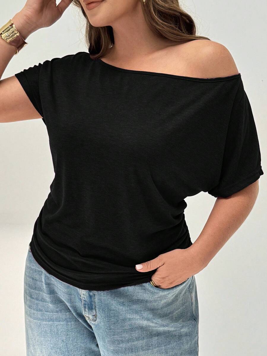 SHEIN Essnce Áo kiểu nữ cỡ lớn thời trang xuân hè, dáng rộng thoải mái, mỏng nhẹ, thoáng mát, màu tím trễ vai, kiểu dáng đơn giản, áo công sở, áo đi chơi, áo đi du lịch, áo ôm dáng dễ thương. - màu đen - Xem 1