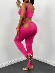 Glyssa Women's Hot Pink Knit Cropped Tank Top With Metal DecorHollow-Out Side Skinny Pants,Summer,70s Sexy,Night Out Club,Party Holiday Outfit Set - Hot Pink - View 2
