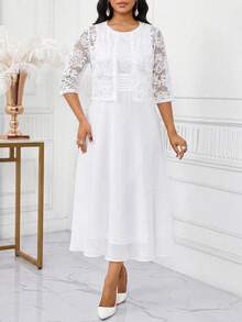 SHEIN Lady Women's Floral Lace Front Open Blouse And Sleeveless Dress Elegant 2 Pieces Set - White - View 9