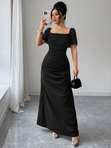 SHEIN Elenzya 方领收腰优雅浪漫精致女式连衣裙，短袖 - 黑色 - 查看 4