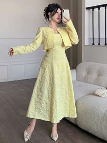 Modelyn Petite Elegant Yellow Jacquard Dress & Jacket Set For Outing - Yellow - View 4