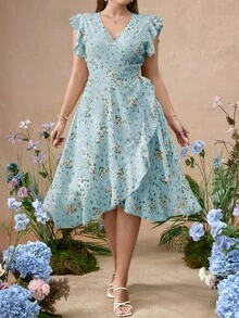 Roveilla Đầm dệt họa tiết hoa nhí tay bồng, eo dáng xòe. - Màu xanh lam - Xem 5