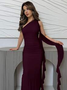 Jemour Asymmetric Ruched Backless Maxi Mesh Dress With Ruffle Hem, Elegant Women's Dress For Vacation & Beach, Spring/Summer ,Summer Dress - Maroon - View 6