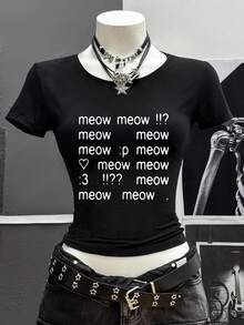 SHEIN 复古朋克风字母印花短袖T恤，Y2K哥特风上衣，街头嘻哈风上衣，90年代女装 - 黑色 - 查看 3