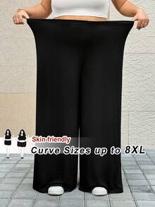 SHEIN CURVE+ Adjustable Wide Leg Pants For Plus Size Women, Solid Color Style Pants Palazzo Pants Women Plus Size - Black - View 6