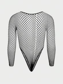 WENEZON 男士纯色圆领镂空性感百搭日常长袖连体衣 - 黑色 - 查看 10