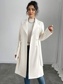 Rafferiza Petite 女款白色缺口領羊毛大衣，雙排扣側綁腰中長夾克，適合春夏秋季辦公穿著，小碼女款 - 白色 - 查看 7