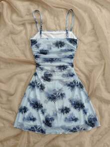 SHEIN Đầm hai dây in hoa xếp nếp thời trang sành điệu cho bé gái tuổi teen, thích hợp dự tiệc, nghỉ lễ, du lịch, trang phục mùa hè cho trẻ em. - Màu xanh nhạt - Xem 6