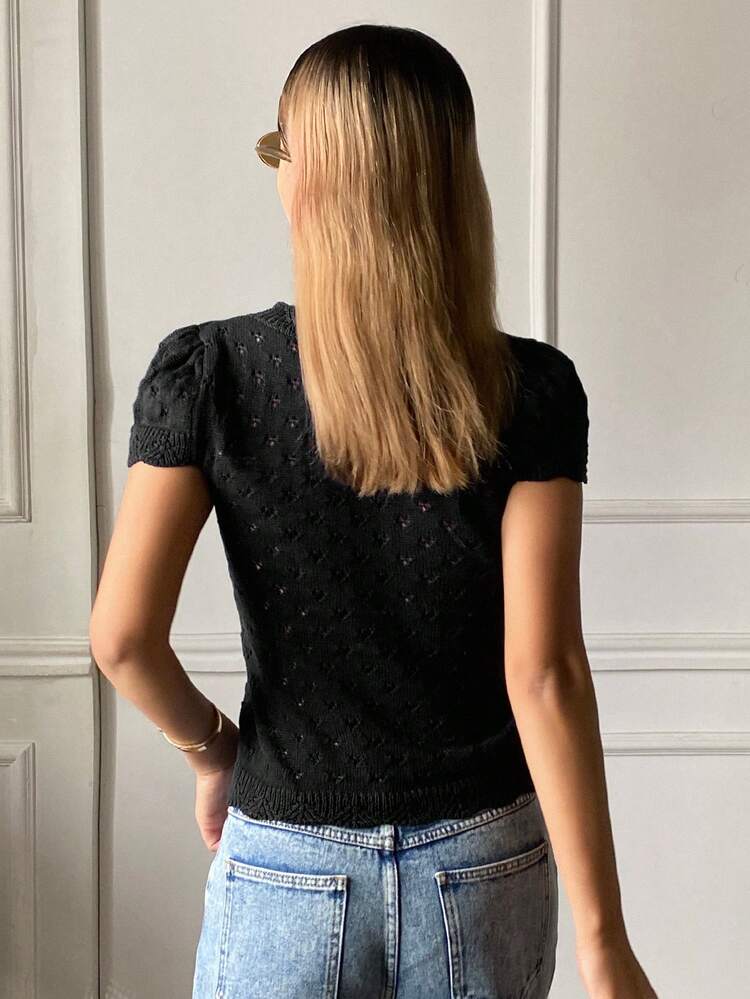 Women's Solid Color Hollow V-Neck Short Sleeve Elegant Vacation Cardigan, Spring/Autumn Summer