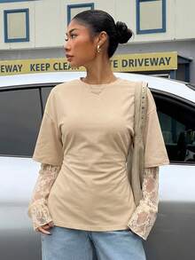 Muchica 女士杏色针织蕾丝拼接T恤，适合外出、街头穿搭、Y2K风格，杏色蕾丝袖上衣 - 杏色 - 查看 5