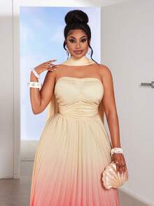 Maweii Ombre Yellow & Pink Gradient Halter Pleated Dress With Sash,Champagne Summer Elegant Formal Plus Size Women's Vacation Beach Party Dress - Multicolor - View 3