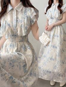 FRIFUL 女士春夏碎花喇叭腰修身连衣裙，百搭显瘦 - 白色 - 查看 1