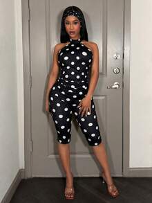 Slaydiva 新款春季、春夏音乐节、情人节、复活节休闲、简约基础风、Y2K街头风、甜美流行风、邮轮度假、日常约会、辣妹风、性感派对、吊带、系带、露背、收腰、褶皱紧身裤、七分裤、白色底、黑色波点连体裤、女士紧身连体裤 -A - 黑色 - 查看 4