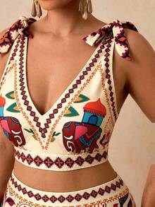 Travachic Ropa de playa informal de estilo tropical para tallas grandes, traje de baño bohemio de 2 piezas con estampado, escote halter para mujeres, bikini de verano - Multicolor - Ver 3