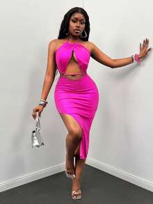 Glyssa 女士夏季露背浪漫晚礼服，吊带镂空系带金属圆扣不对称开衩玫红色性感夜店礼服，闪亮泳装派对假日沙滩裙，新款夏季狂欢节服装，优雅派对礼服 - 玫紅色 - 查看 1