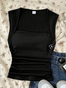 SHEIN 少女夏季纯色侧边褶皱背心 - 黑色 - 查看 3