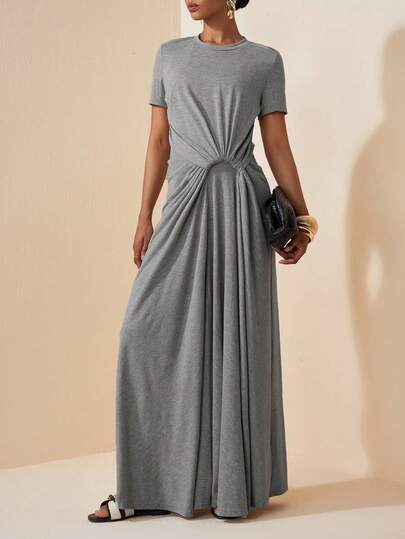 Zivah New Summer Casual Vacation Boho Features Loose Fit Light Floral Grey Round Neck Irregular Knotted Hem Women Long Dress,Suitable For Everyday Wear, Travel, Vacations, Holidays, Beaches, Nomadic Looks, Western Vibes, Party, Festivals, Music Festivals, Airport Outfits, Brunch Outfits,Commuting,Lounging At Home-A