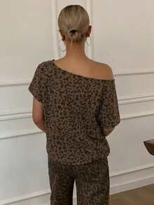 DAZY 女士性感露肩豹纹印花休闲短袖T恤图案T恤 Y2K夏季 - 棕色 - 查看 5