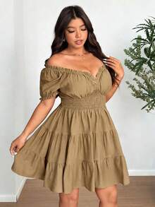 SHEIN Clasi Đầm dệt kim cỡ lớn, cổ chữ V, tay cánh hoa, xếp ly, thanh lịch. - Màu Khaki - Xem 2